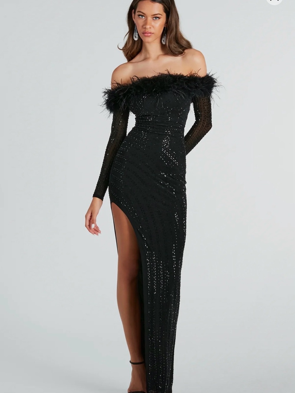 Chloe Feather Trim Rhinestone Mesh Formal Dress
